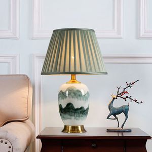 손 그림 도매 녹색 재 디자인 골동품 패브릭 그늘 럭셔리 라운드 세라믹 테이블 램프 그늘 - Product Image 2