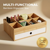 Organisateur de bureau en bambou avec tiroir coulissant, boîte de rangement à 8 compartiments pour cosmétiques, stylos et petits gadgets, idéal pour la maison, le bureau ou la coiffeuse