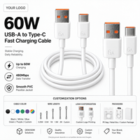 Kabel Data Pengisian Cepat USB-A ke Type-C 60W 6A dengan Selubung PVC Inti Tembaga Murni untuk Ponsel Tablet
