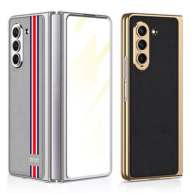 For Samsung for Galaxy Z Fold 5 Stylish Electroplated Plain Leather Shell Solid Color Carbon PC Material Folding Phone Case