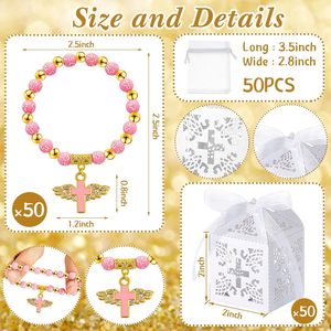 Cajas de Recuerdo <span class=keywords><strong>para</strong></span> Bautizo con Rosario de Cruz de Ángel Rosa, Cintas, Etiquetas de Agradecimiento y Bolsas de Organza - Paquete de 200 - Product Image 4