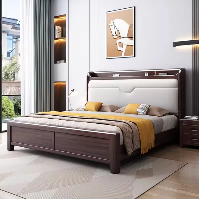 Modern Eco-Friendly Durable Rubberwood Queen/King Double Bed Soft Back High Box Storage Solid Wooden Frame Platform Bedroom
