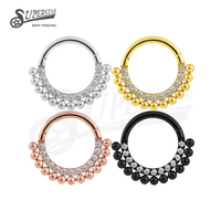 SUPERSTAR Anneau de piercing en acier inoxydable 316L, segment articulé clicker, serti de zircone cubique (CZ) avec motif à perles, pour septum, nez, daith et hélix