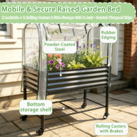 Jardinière surélevée mobile en acier galvanisé ondulé avec couvercle en maille PE et étagère de rangement pour outils en bas, bac à plantes d'extérieur