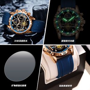 Binbond Men's Mechanical Watch 30M Waterproof Chronograph Moon Phase Luminous Blue Strap Multifunctional Watch - Product Image 4
