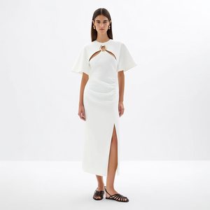<span class=keywords><strong>Abito</strong></span> <span class=keywords><strong>Midi</strong></span> da Donna Elegante e Minimalista su Misura, Bianco, <span class=keywords><strong>con</strong></span> Collo Alto, Cut-out, Anello Dorato, Maniche a Volant e <span class=keywords><strong>Spacco</strong></span> Alto, per Feste - Product Image 4