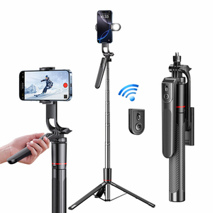 Long Self-Propelled Telescopic Selfie Stick with Integrated Light Flexible Mirror Foldable Plastic Base