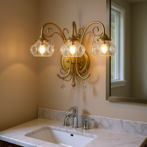 Applique Murale Moderne en Cristal à 3 Lumières, Dorée, en Fer, pour Salle de Bain, avec Abat-jour en Verre Transparent, Lampe de Miroir à Lumière Blanche Chaude et Intensité Réglable - Product Image 2