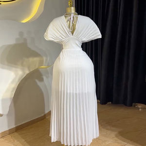 Vêtements de bonne qualité pour femmes Robe longue plissée sexy à manches chauve-souris et col en V Robes de soirée longues - Product Image 2