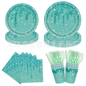 Ensemble de vaisselle jetable sur le thème du diamant vert, assiettes en papier, gobelets, serviettes, fournitures de fête, décoration d'anniversaire - Product Image 1