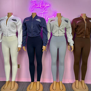 Setelan 2 Pcs Wanita Jaket Crop Bordir Ritsleting Lengan Panjang dan Celana Outfit Kasual Tracksuit - Product Image 1