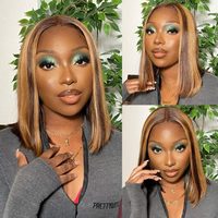 Peluca Bob Liso Doble Trama Sin Pegamento de Cabello Humano para Peluca Frontal de Encaje con Reflejos, Cabello Brasileño Virgen HD Completo