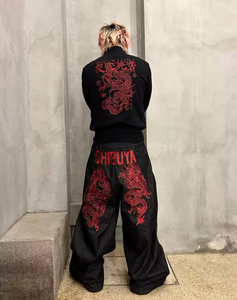 Jeans Vintage Y2K Hip Hop in <span class=keywords><strong>Denim</strong></span> Grezzo Ricamato con Dragone, Reversibile, Stile Industriale Estremo, Colore Originale, per l'Inverno, Ispirazione Asia Orientale - Product Image 4