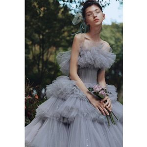 Strapless Tulle Ball Gown Natural Waist Gray Color Outdoor Wedding Dress Trailing Cake Style Photography Gown - Product Image 5