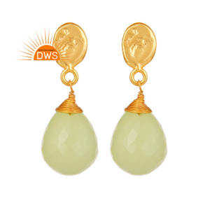 Boucles d'oreilles pendantes en calcédoine préhnite, pierres précieuses, design indien, plaqué or, argent sterling, pour femmes, pour mariage et soirée - Product Image 1