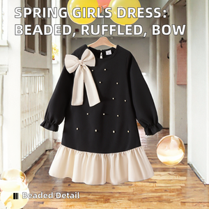Vestidos de princesa de pana transpirables de manga larga con patchwork, cuentas y lazos grandes para niñas, diseño de primavera 2026, ODM - Product Image 3