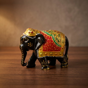 Figura de Elefante de Madera Negra con Silla Decorativa Roja, Dorada y Verde para Decoración Tradicional de Mesa - Product Image 4