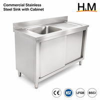 Meuble d'évier en acier inoxydable avec portes coulissantes, évier simple commercial avec égouttoir, base fermée, certifié NSF, pour rangement de cuisine