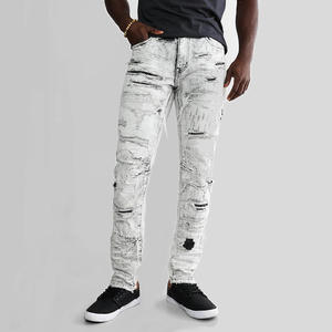 Jeans de Diseñador Personalizados para <span class=keywords><strong>Hombre</strong></span>, Lavado a Mano con Efecto Desgastado, Bolsillos Traseros con Piezas, Lavado Blanco Fácil, Ajuste Superelástico, Jeans de Mezclilla - Product Image 1