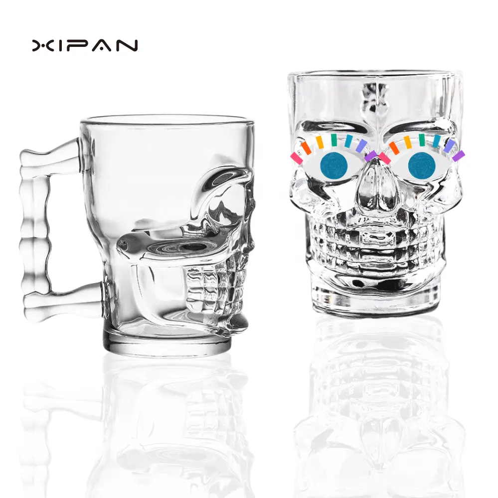 スカルフェイスデザインガラスビールカップハンドル付きヘビーベースガラス製品バードリンクハロウィンユニークなクリアガラスビールマグ