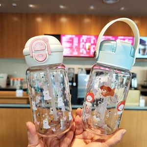 Heat Resistant Borosilicate Glass Water Bottle 500Ml With <b>Straw</b> Portable Travel <b>Cup</b> Cartoon Design Double <b>Lid</b> For Tea Brewing - Product Image 2
