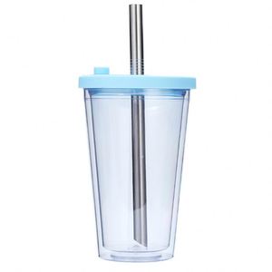 16oz <b>Double</b> <b>Wall</b> Plastic Tumbler Portable Reusable Drinking Cup With Universal Boba Lid and Stainless Steel Straw for Milk Tea - Product Image 6