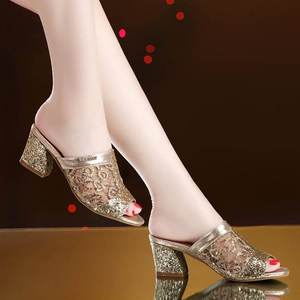 Nouvelles mules brillantes à talon carré et bout rond, populaires pour l'été, pour femmes et dames - Product Image 1