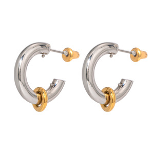 Boucles d'oreilles clous bicolores C-Ring en acier inoxydable plaqué or 18 carats, design géométrique, bijoux de mode pour femme - Product Image 5