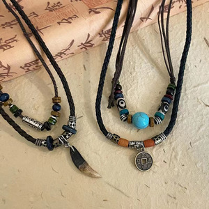 FY Bohemia gioielli collane Boho legno di ematite pietre perline in pelle PU freccia foglia ciondolo uomo donna collana - Product Image 2