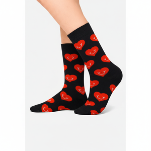 Breathable <b>Black</b> Ankle <b>Socks</b> with Smiling Heart Pattern Valentine's Day Themed for Daily Use - Product Image 2