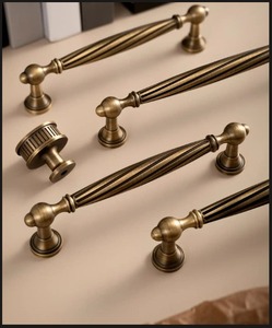 Vintage Brass Finish Traditional Design Ambidextrous Cabinet <b>Handle</b> Decorative <b>Pull</b> Knob Ribbed Long <b>Handle</b> Easy <b>Door</b> Window - Product Image 1