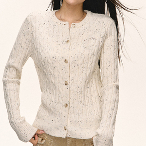 <span class=keywords><strong>Cardigan</strong></span> da Donna in Maglia a Trecce Crema con Motivo Maculato - Top Casual Retrò per Uso Quotidiano - Product Image 3