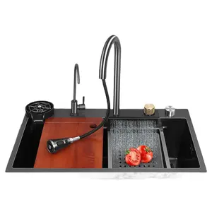 New Trending Nano Black Waterfall Kitchen Sink 304 Stainless Steel Handmade Waterfall Faucet Kitchen Sinks For Home Use