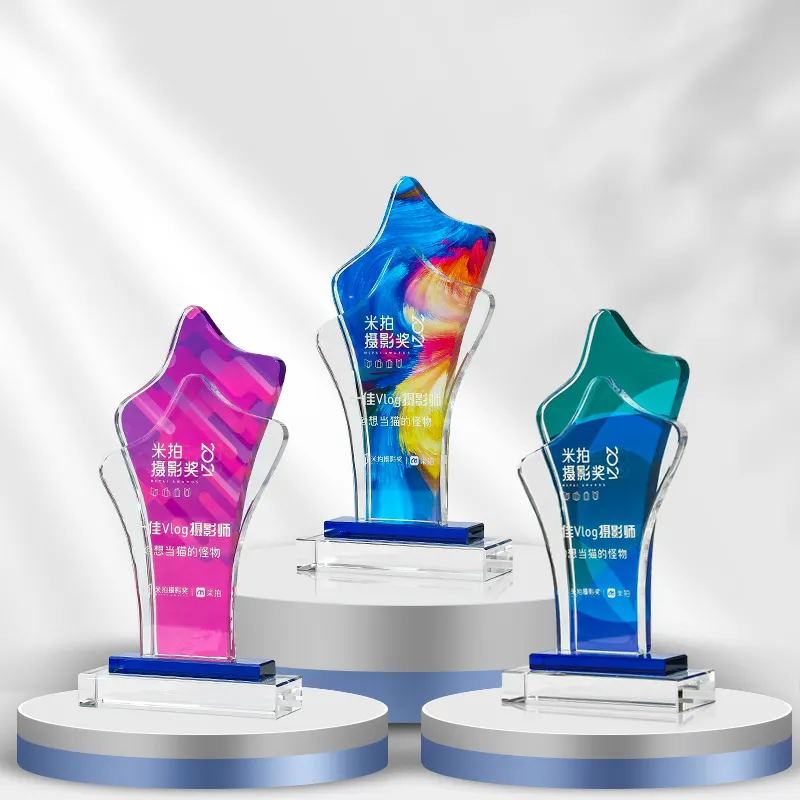 Customize 3D Laser Engraved Glass Creative Free Lettering Color Printing Glass Award Premium K9 Crystal Trophy For Souvenir Gift