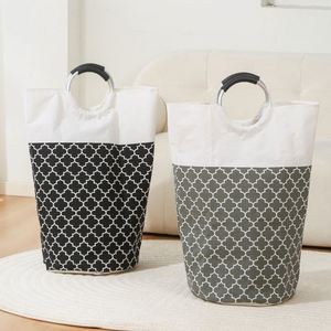 Household Clothes Storage Organizer Laundry Hamper Folding Laundry <b>Basket</b> with Aluminum Ring Handle - Product Image 1