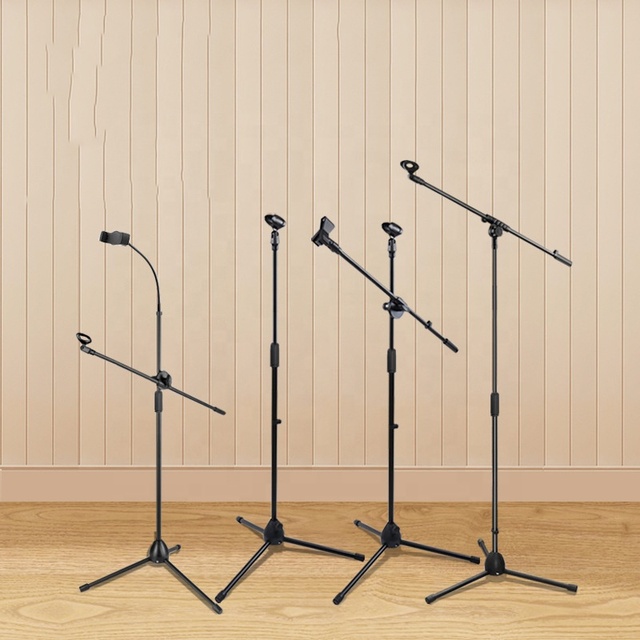 Adjustable Foldable Floor Tripod Microphone Flexible Arm Mic Holder With Dual Mic Clip Holder Microphone Stand