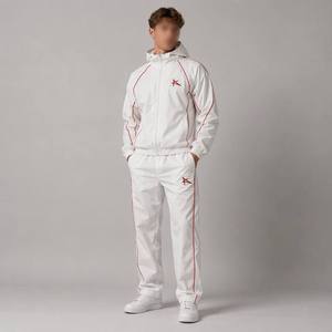 Clothing Manufacturer Custom Nylon Windbreaker Retro Y2K Sporty Red Piping Paneled Full <b>Zip</b> <b>Hooded</b> White Men's Tracksuit Set - Product Image 2