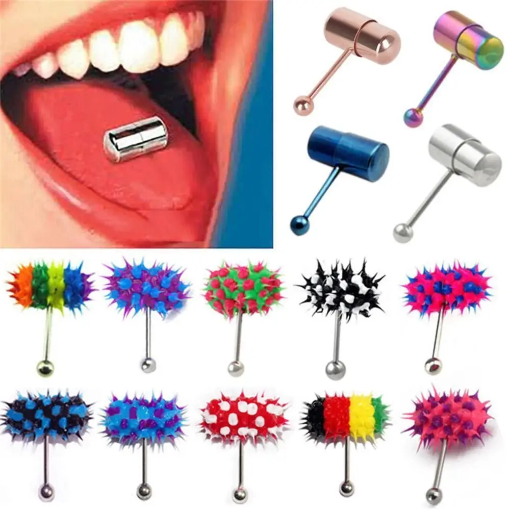 VRIUA 1Piece Hip Hop Rubber Vibrating Tongue Ring 1.6*18*5mm Stainless Steel Barbell Tongue Piercing Punk Unisex Body Jewelry