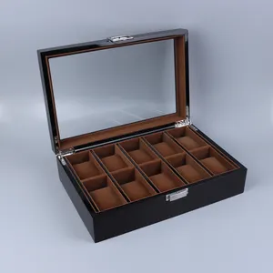 Caixa de exibição de relógio de madeira com laca brilhante organizador de pacotes de joias com janela