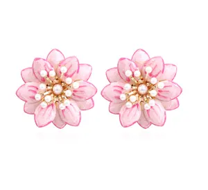 时尚金属珍珠耳钉合金粉色花朵耳环女性饰品