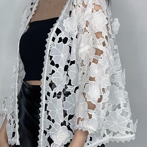 Blusa de Encaje Floral Elegante para Mujer, Estilo Simple, Prenda Exterior Informal, Tejida y Transpirable, para Primavera y Otoño - Product Image 4