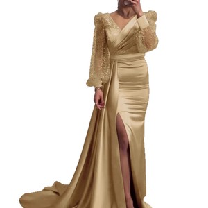 Robe de soirée longue à manches longues, col en V, en satin pailleté, avec fente et traîne, pour soirée formelle - Product Image 5
