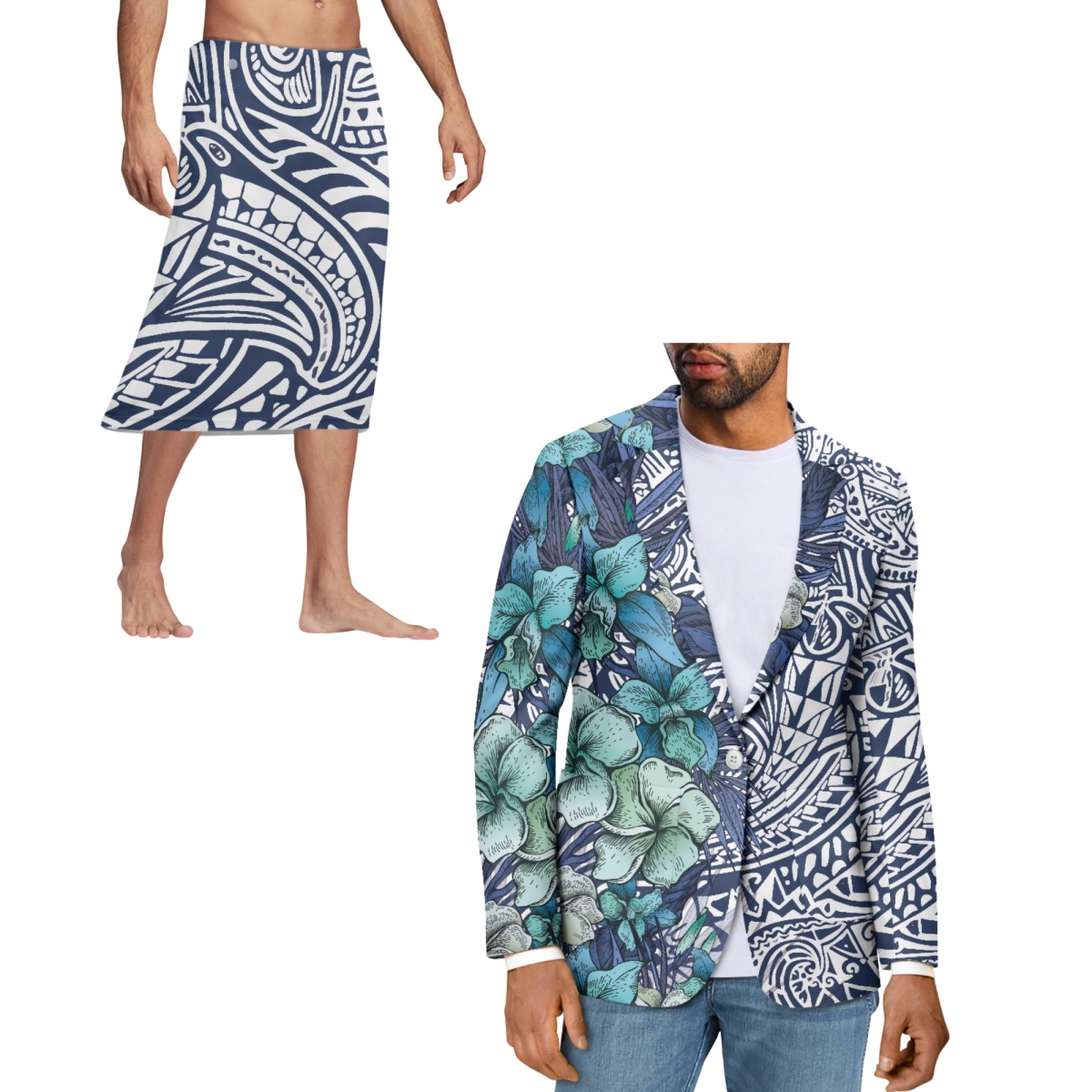 Polynésien Tribal sud-est asiatique hommes jupe traditionnel Sarong vacances ensemble hommes décontracté Blazer personnalisé à manches longues costume veste