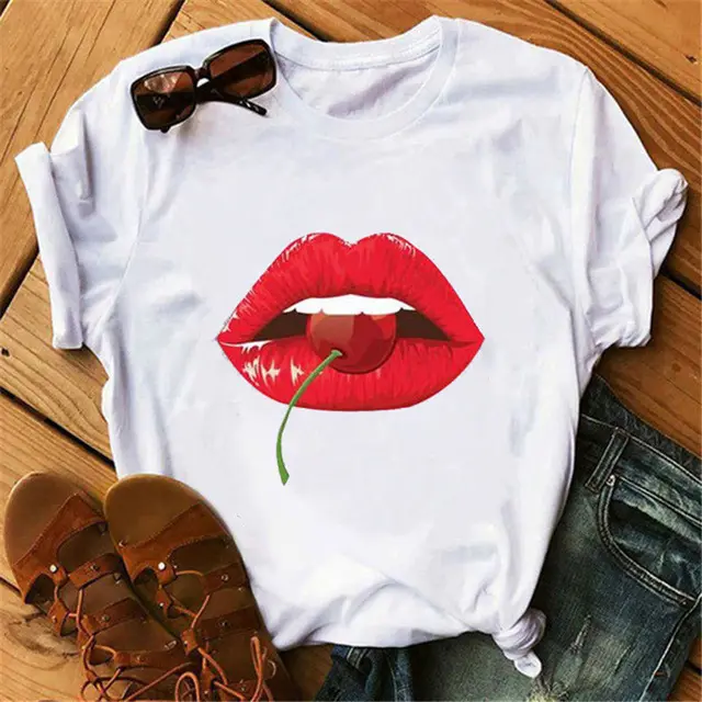 Camiseta feminina estampa de boca vermelha, gola redonda, manga curta, camisa aberta, camisa branca, engraçada