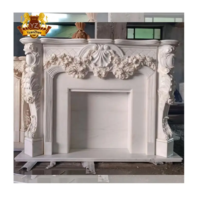 Freistehende Dekoration Französisch hand geschnitzte natürliche weiße Marmor Kamin Surround Indoor weiße Marmor Kamin Mantel