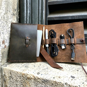 Eco Friendly Tanned Leather <b>Cable</b> Organizer Sustainable Cord Holder Wire Management Travel Tech Pouch Factory LCO-0094 - Product Image 1
