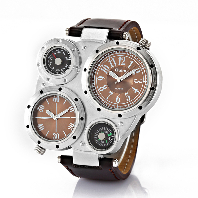 Oulm 9415 Brand Agents Men Quartz Watch Potty PU Leather Band 2 Time Zone Centigrade Compass Character Hand Watch