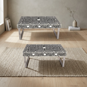 Table basse extensible de style indien moderne avec incrustations en os, structure en bois, tiroirs de rangement écologiques, facile à nettoyer, portable et personnalisable - Product Image 1