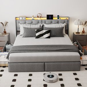 Cadre <span class=keywords><strong>de</strong></span> <span class=keywords><strong>lit</strong></span> moderne King Size rembourré avec lumières LED RGB, station <span class=keywords><strong>de</strong></span> charge, tête <span class=keywords><strong>de</strong></span> <span class=keywords><strong>lit</strong></span> avec rangement et 4 tiroirs, plateforme métallique robuste - Product Image 1