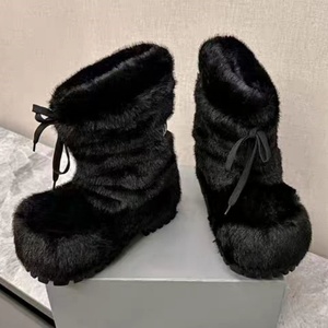 Bottes de neige montantes à bout rond et semelle épaisse, en daim, à lacets, semelle en caoutchouc, légères, respirantes, blanches/noires, mode hiver - Product Image 4
